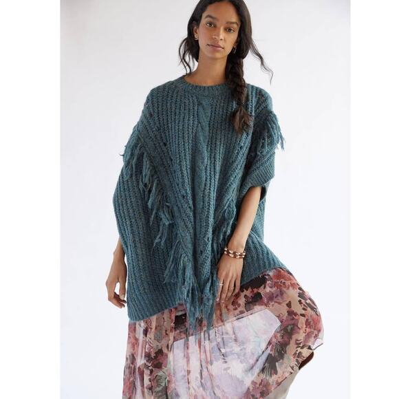 New Anthropologie Marled Fringe Cable Knit Poncho $120 ONESIZE Turquoise - Picture 1 of 4